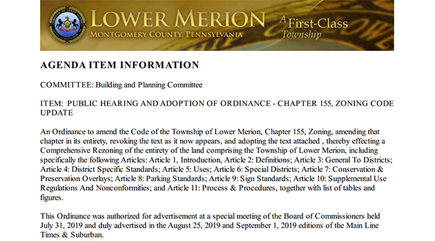 Agenda Item re New Lower Merion Zoning Code