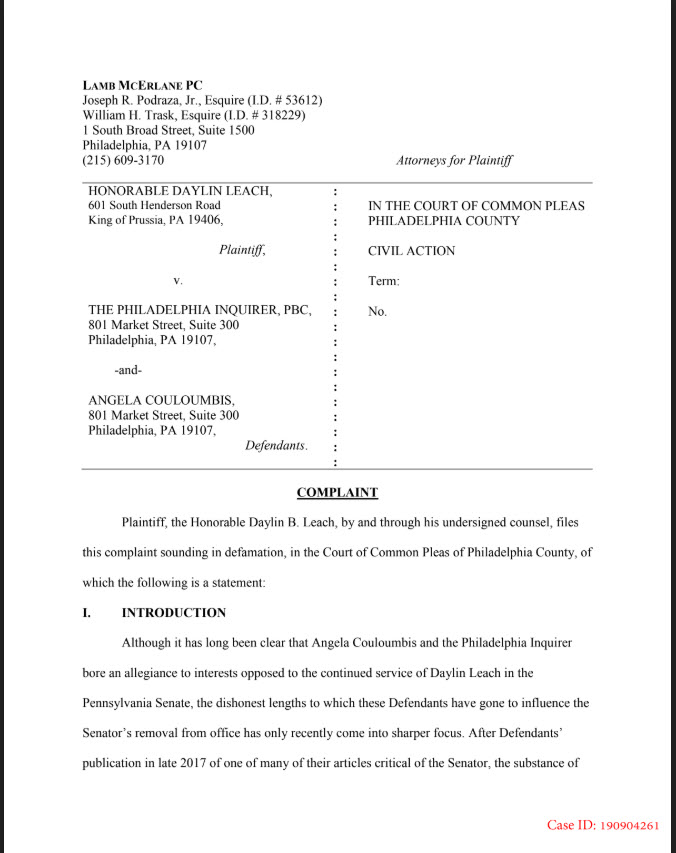 Lawsuit Filed by Daylin Leach against the Philadelphia Inquirer
