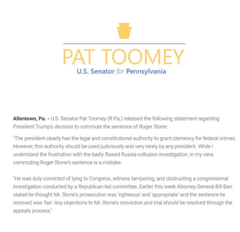 Toomey Statement Roger Stone