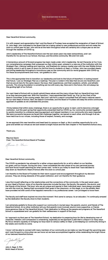 John Nagl Haverford School Resignation