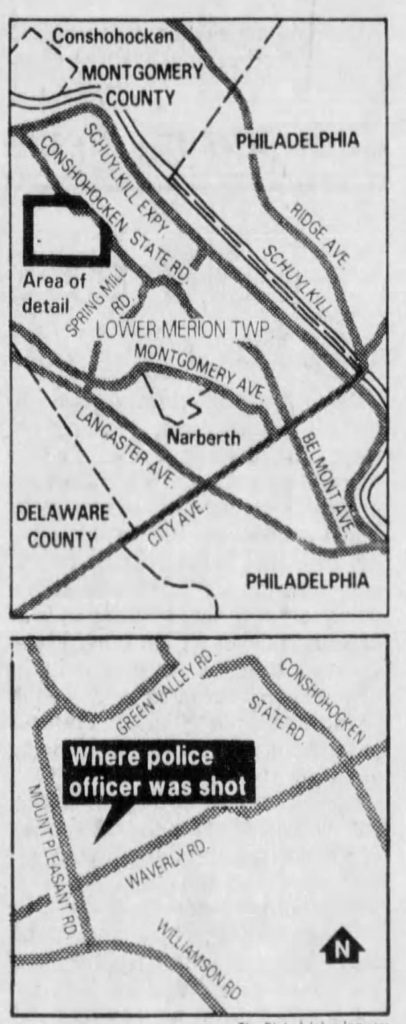 Map showing where Edward Setzer, Lower Merion Police Officer, was killed