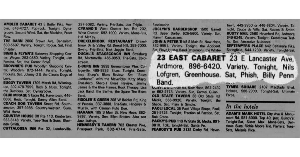 Ardmore Music Hall Phish 23 East 1990