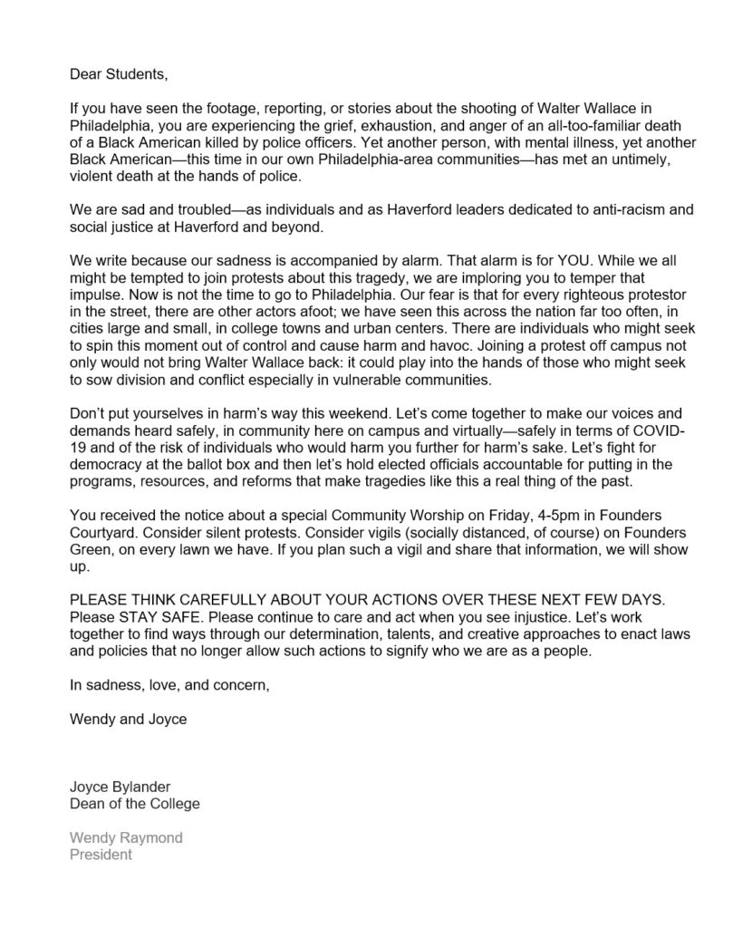 Letter from Haverford Adminstrators that triggered protest