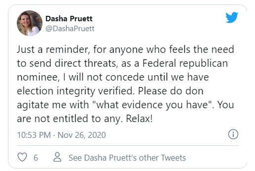 Dasha Pruett Refuses to Concede