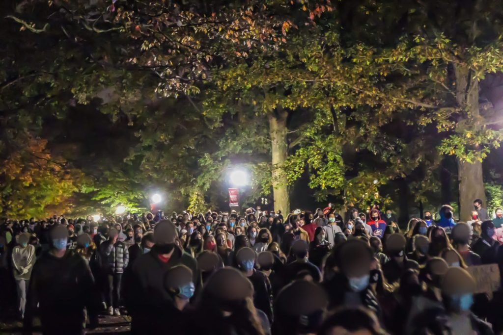 Students march on College Lane Towards Ardmore