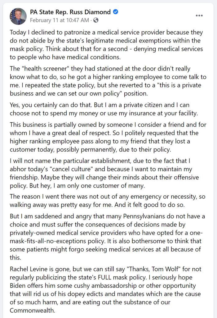 Russ Diamond Boycotts Medical Practice