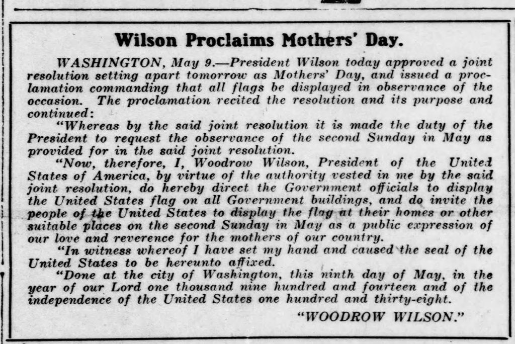 Wilson Proclaims Mothers Day
