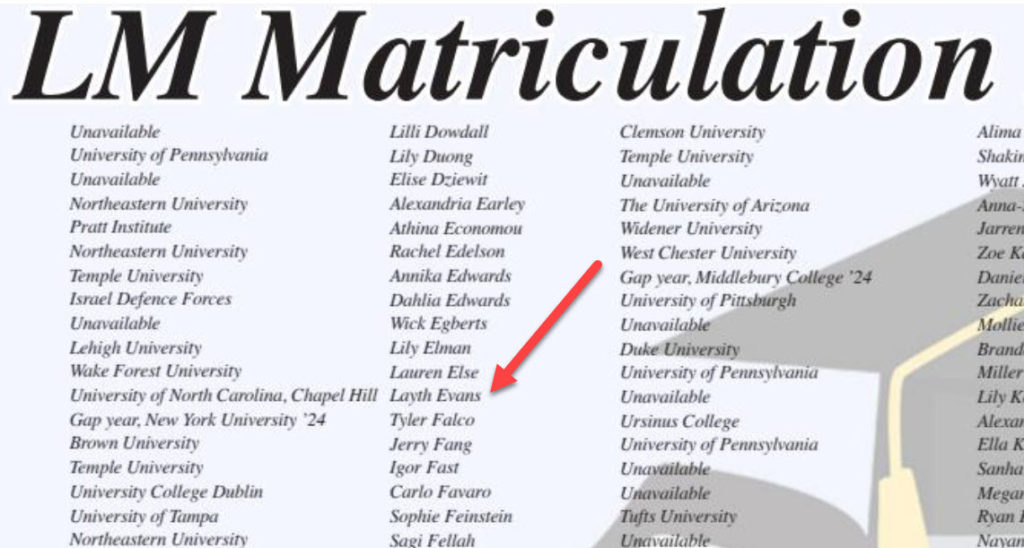 Layth Evans Matriculation