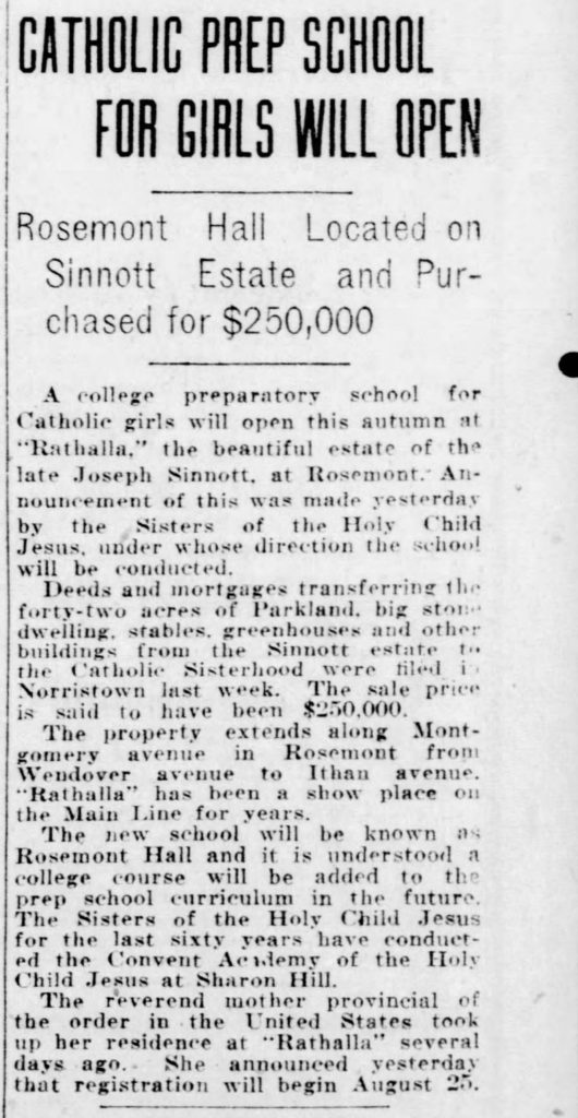 Rosemont Hall Purchased from Sinnott