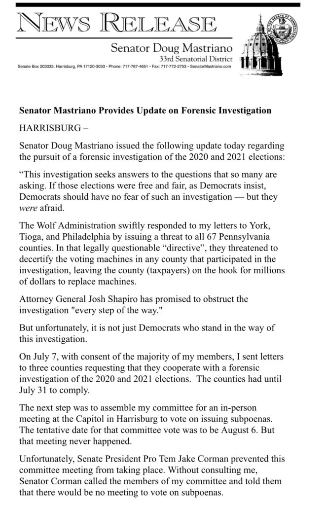 Mastriano News Release