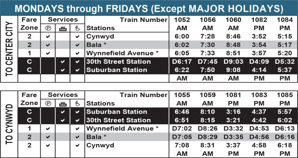 Cynwyd Line Schedule