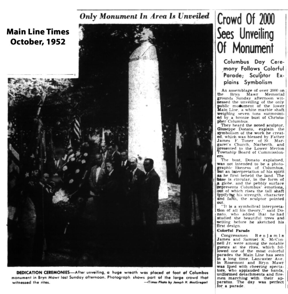 Main Line Times 1952 Columbus Statue at Ludington Library