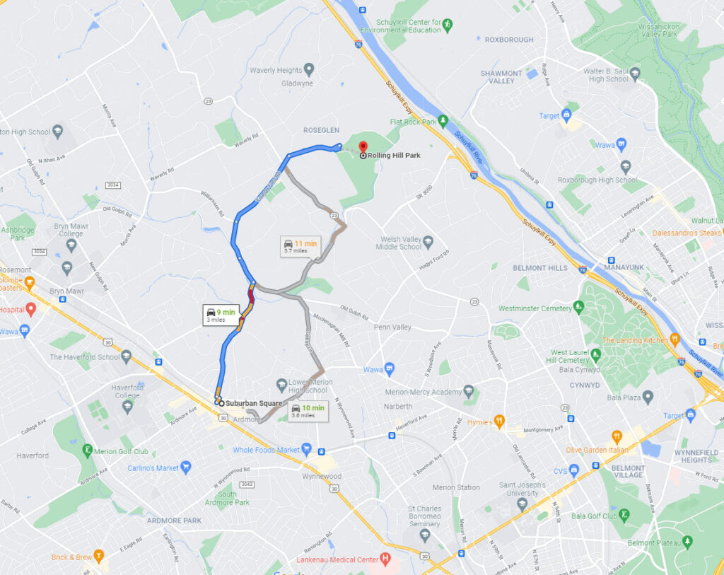 Map Suburban Square to Rolling Hill Park
