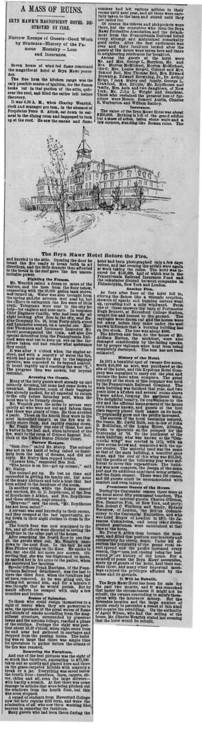 Inquirer Reporting Fire at Bryn Mawr Hotel 1887