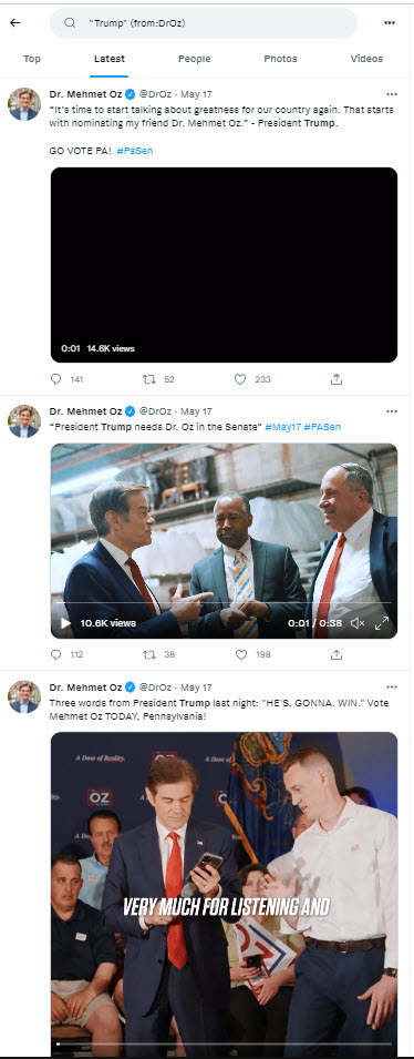 Oz Tweets Trump May 17