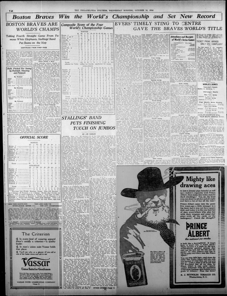 1914 World Series Boston Braves Defeat Philadelphia A's
