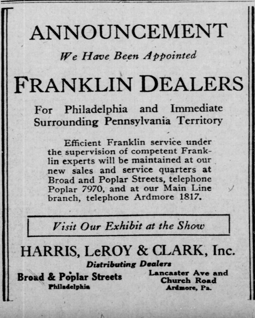 1924 Lancaster & Church Harris Leroy Appointed Franklin Dealer January 1924