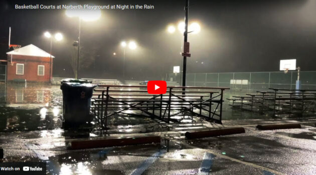 Basketball Courts at Narberth Playground at Night in the Rain