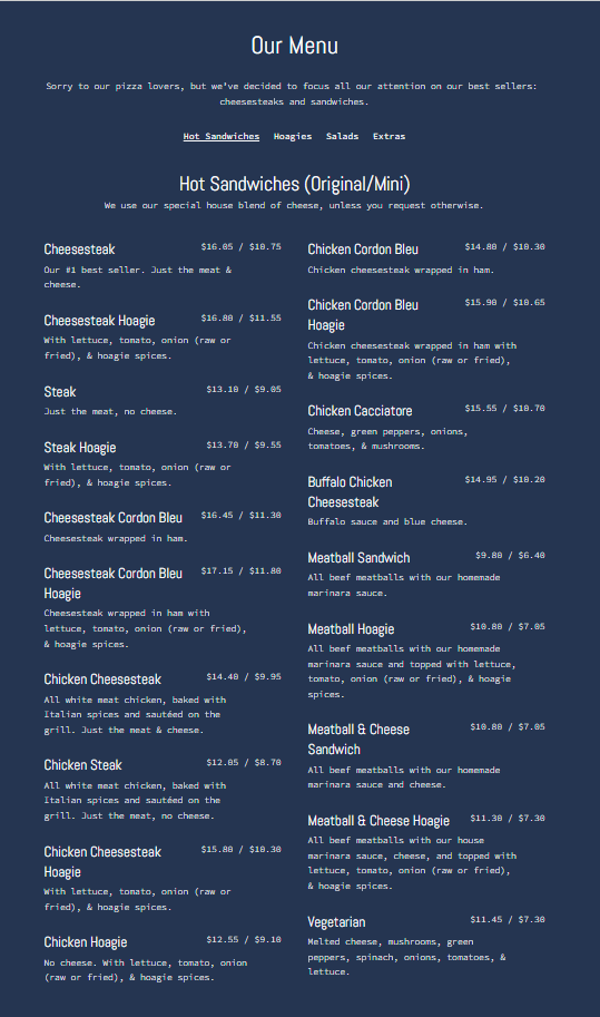 Mama's Pizza Menu