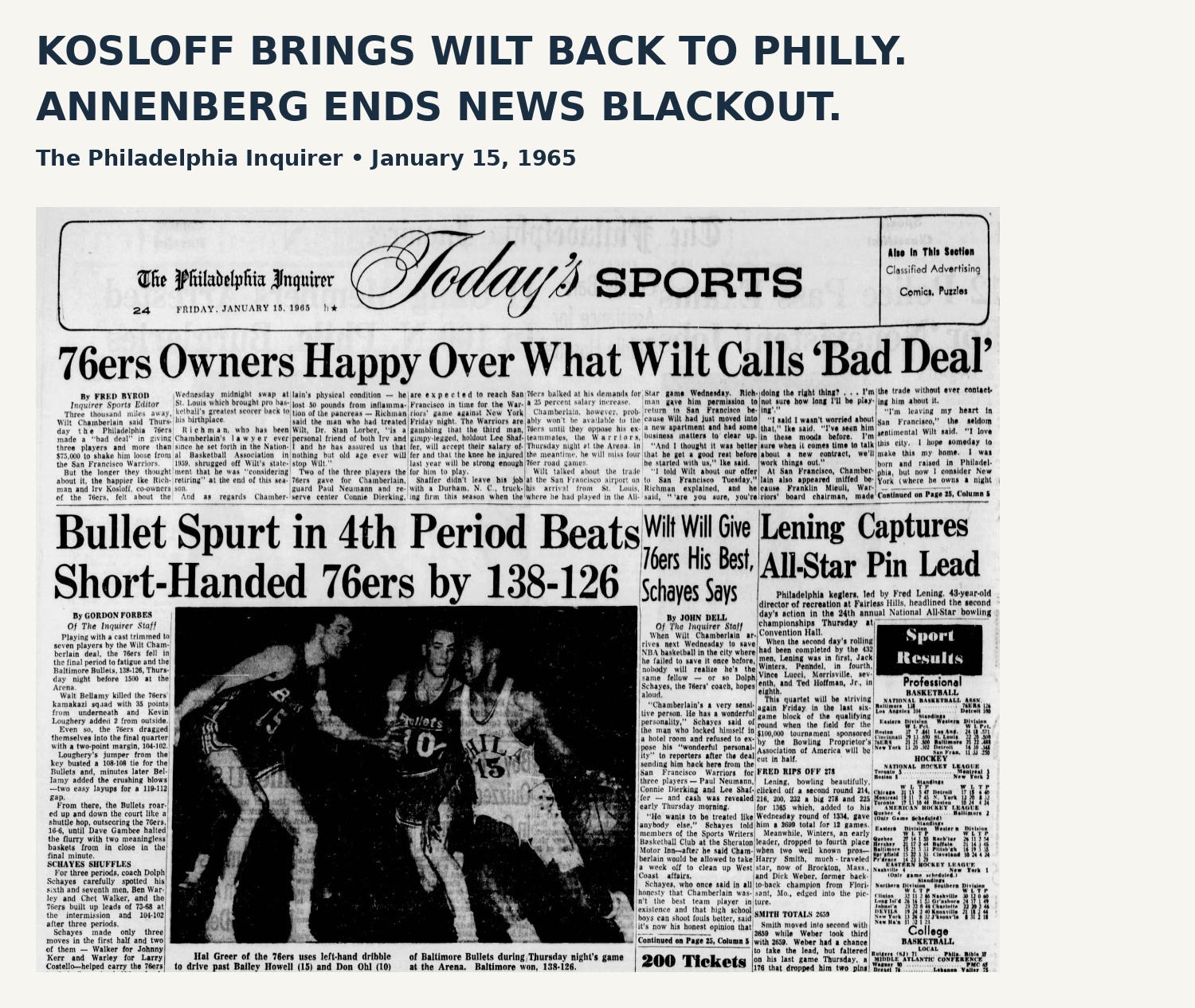 Philadelphia Inquirer sports page from January 15, 1965, with the banner headline 76ers Owners Happy Over What Wilt Calls Bad Deal